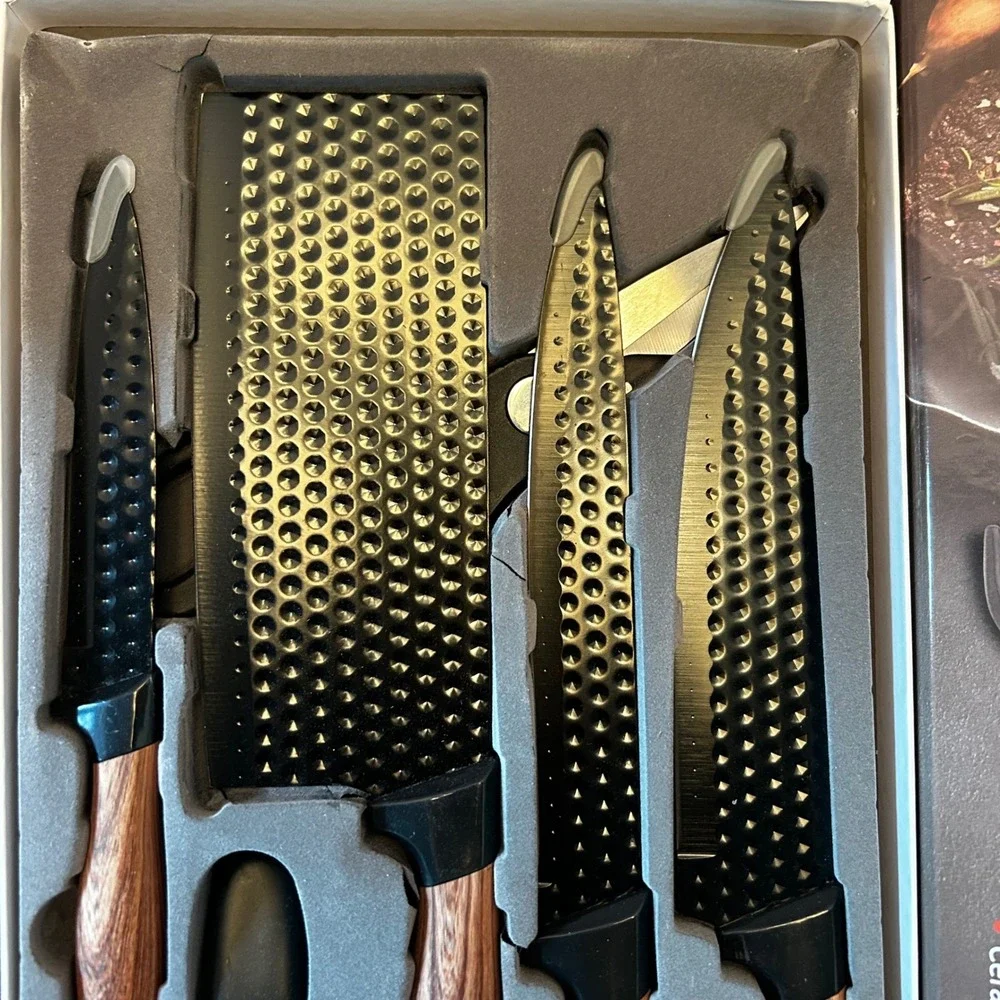 EREASTHQS Knife Set Black 6 Piece Non-Stick Wood Grain Handle New